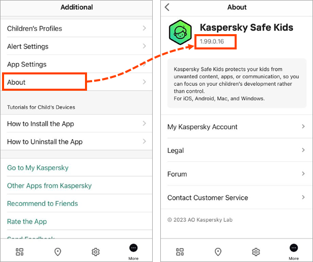The version number in Kaspersky Safe Kids for iOS on a parent’s device.