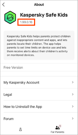 The version number in Kaspersky Safe Kids for iOS on a child’s device.
