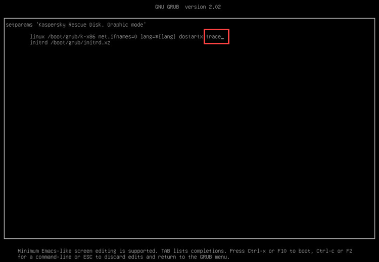 Enabling tracing in Kaspersky Rescue Disk 2018 via the command line
