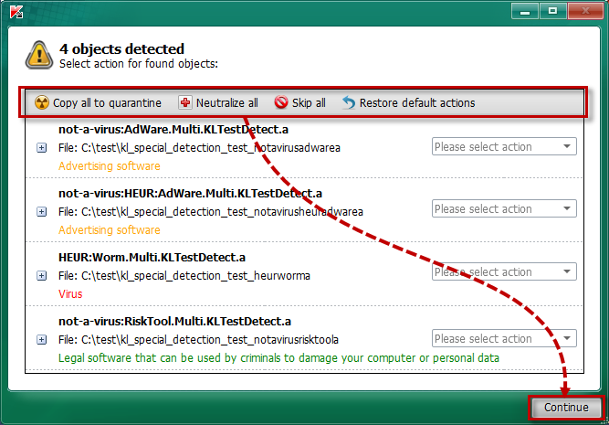 Selecting an action to be taken on all detected objects in Kaspersky Rescue Disk 2018