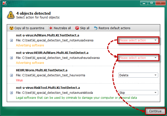 Selecting an action for an unneutralized threat in Kaspersky Rescue Disk 2018