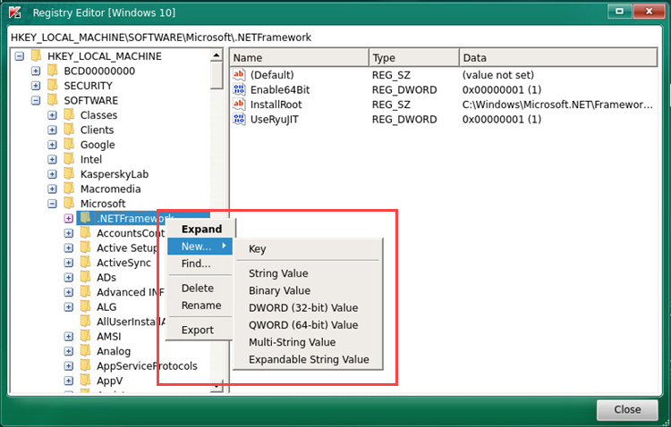 Selecting an action to take on a registry key in Kaspersky Rescue Disk 2018