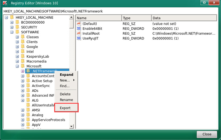 Exporting a key in the Kaspersky Rescue Disk 2018 Registry Editor