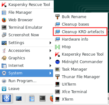 Starting the Cleanup KRD artefacts tool in Kaspersky Rescue Disk 2018