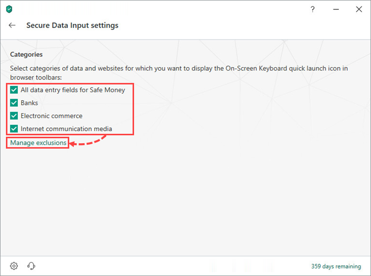 Opening the exclusions list for On-Screen Keyboard in Kaspersky Internet Security 19