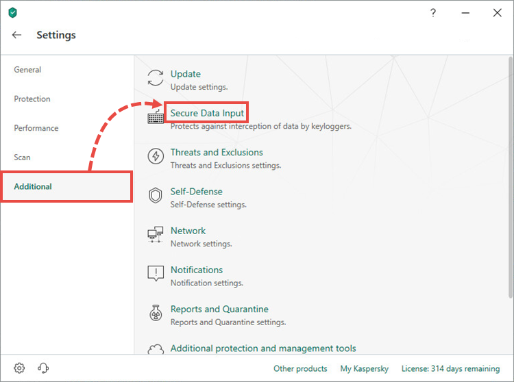 Opening the on-screen keyboard settings in Kaspersky Internet Security 19