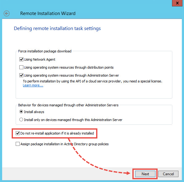 Defining the remote installation settings for a patch in Kaspersky Security Center