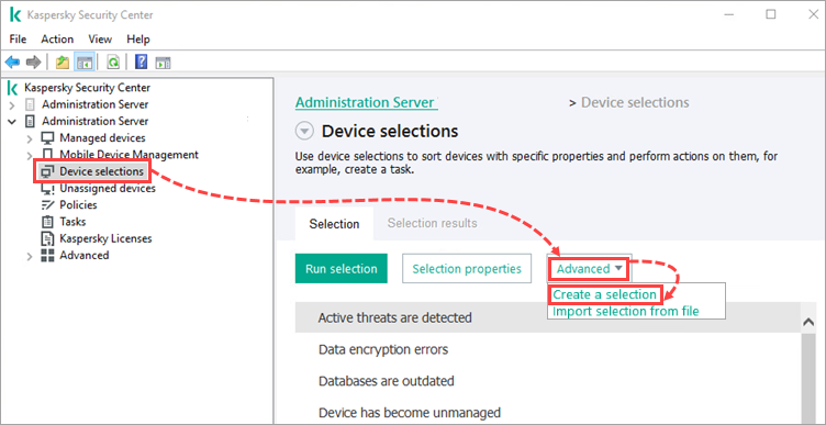 Creating a device selection in Kaspersky Security Center.