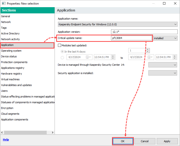 Adjusting the selection settings in Kaspersky Security Center.