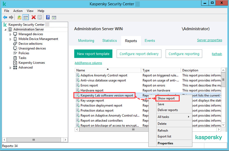 Showing installed updates in the report in Kaspersky Security Center.