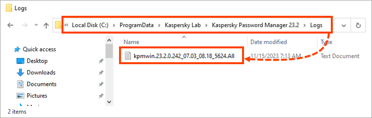 Location of Kaspersky Password Manager trace files on the PC.