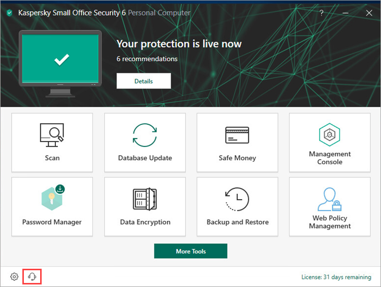 Opening the Support window of Kaspersky Small Office Security 6
