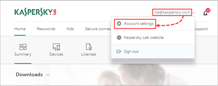 Opening account settings in My Kaspersky