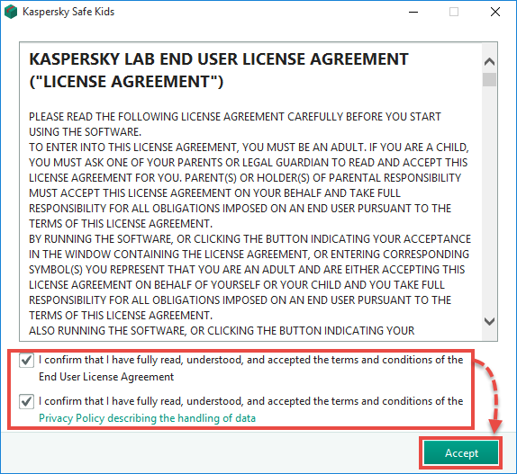 Accepting the Kaspersky Safe Kids End User License Agreement