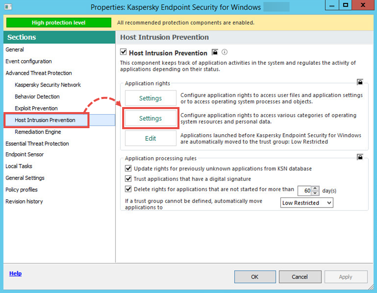 Opening Host Intrusion Prevention settings in Kaspersky Security Center