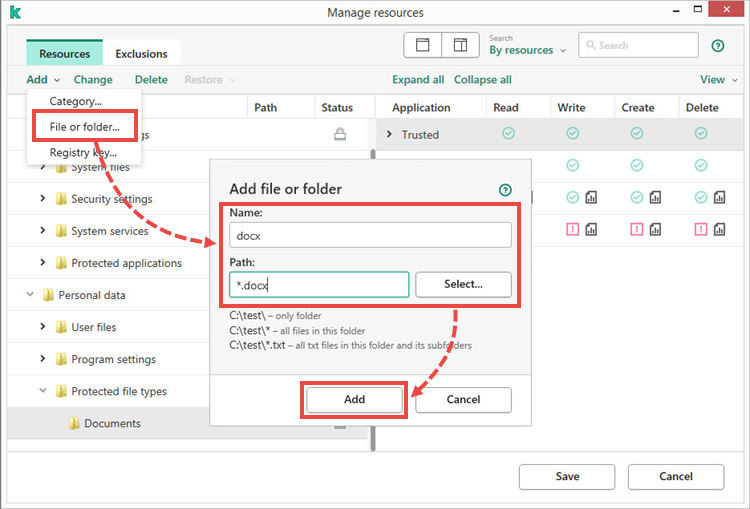 Adding a file type in Kaspersky Endpoint Security 11 for Windows