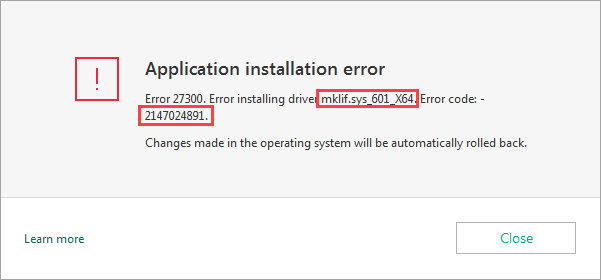 Error 27300 when installing a Kaspersky application
