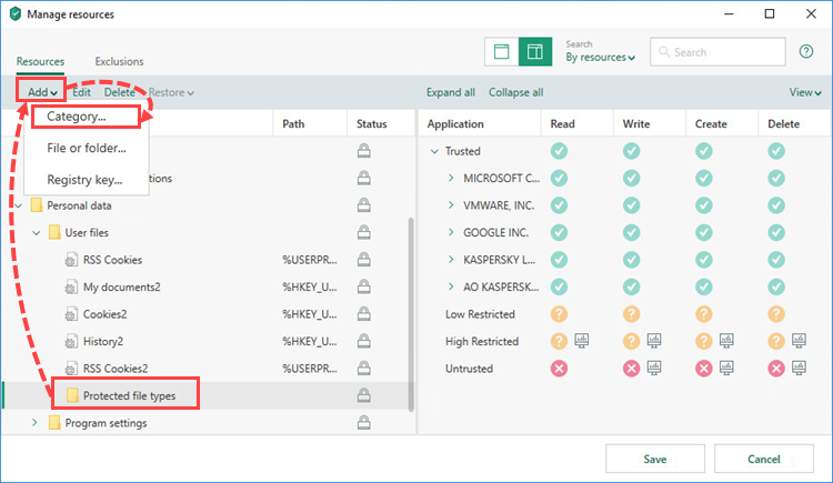 Creating a category in Kaspersky Internet Security 19