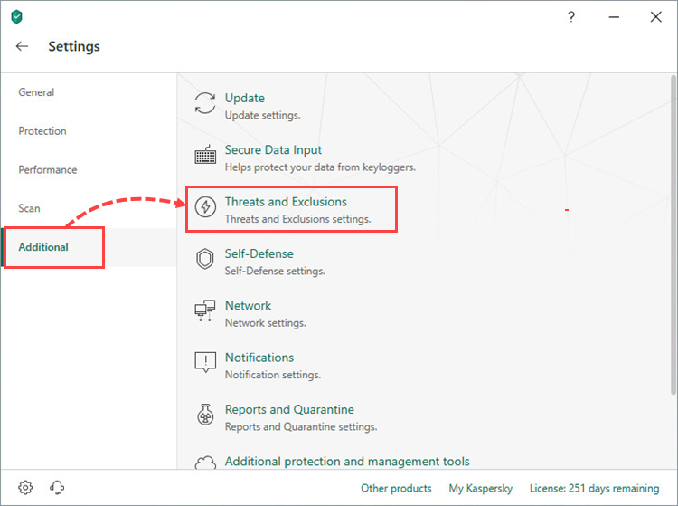 Opening the Threats and Exclusions window in Kaspersky Internet Security 19