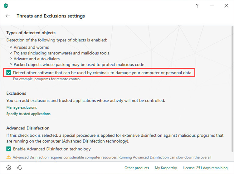 Enabling riskware detection in Kaspersky Internet Security 19