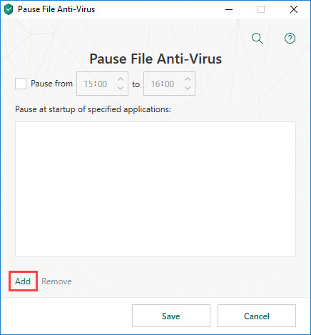 Selecting an application for pausing File Anti-Virus in Kaspersky Internet Security 19