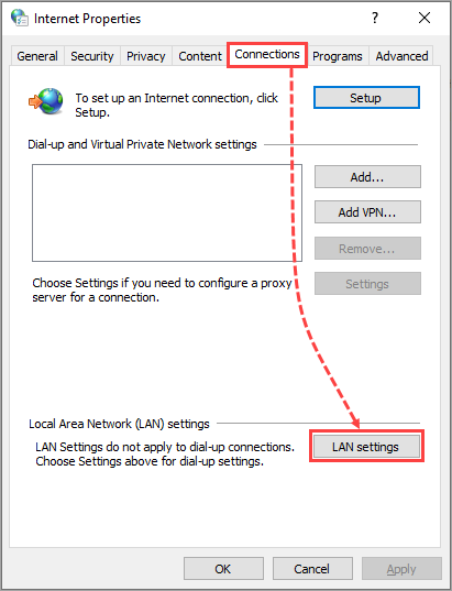 The Connections tab in the Internet Properties