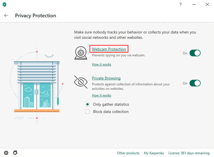 Opening the Webcam Protection settings in Kaspersky Total Security 20
