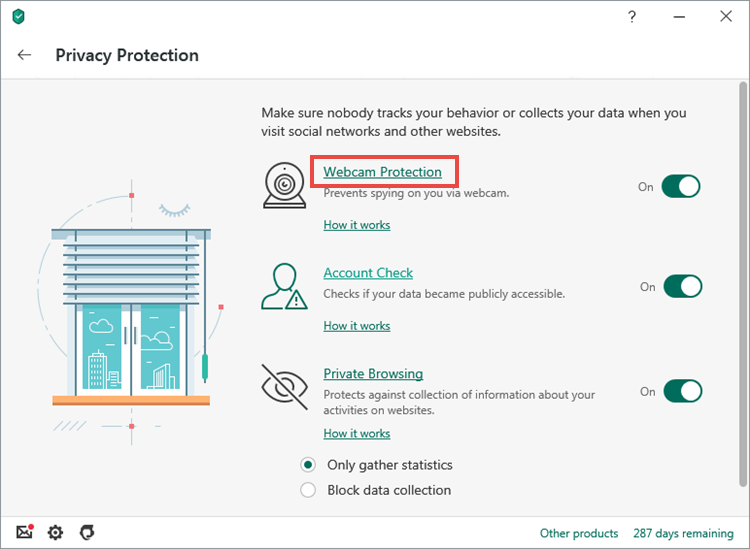 Opening the Webcam Protection section in Kaspersky Security Cloud 20