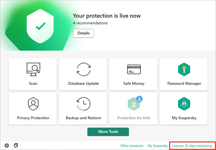 Opening the Licensing window in the trial version of a Kaspersky application