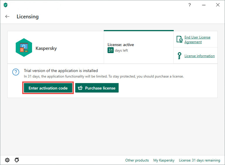 Entering the activation code in Kaspersky Internet Security