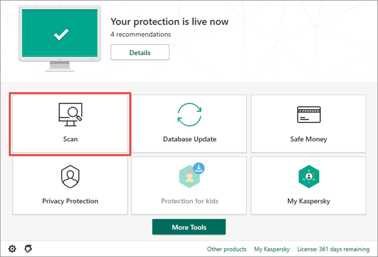 Opening the Scan section in Kaspersky Internet Security 20