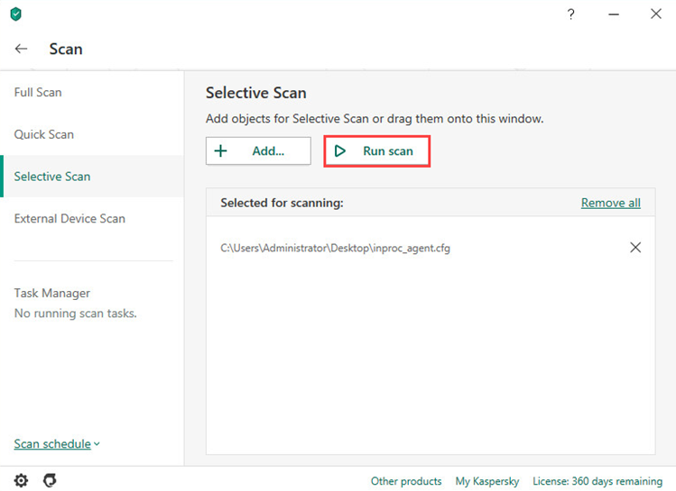Running a selective scan in Kaspersky Internet Security 20
