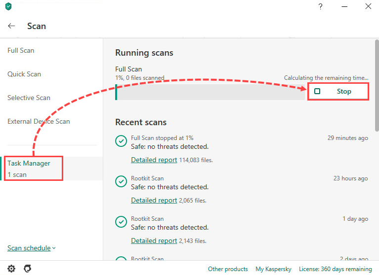 Stopping a scan in Kaspersky Internet Security 20