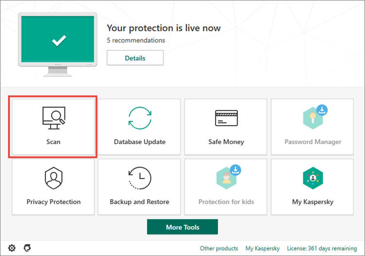 Opening the Scan section in Kaspersky Total Security 20