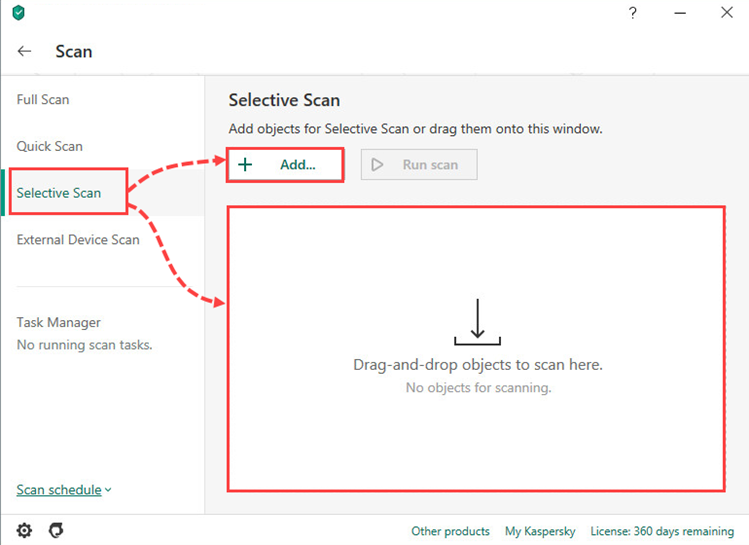 Adding files for a selective scan in Kaspersky Total Security 20