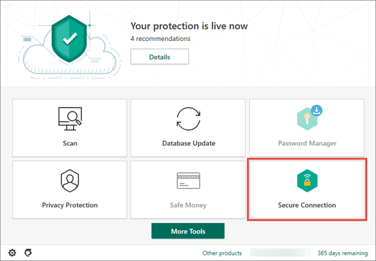 Opening Secure Connection in Kaspersky Security Cloud 20
