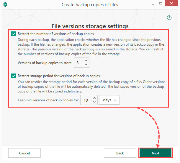 Configuring storage settings in Kaspersky Security Cloud 20