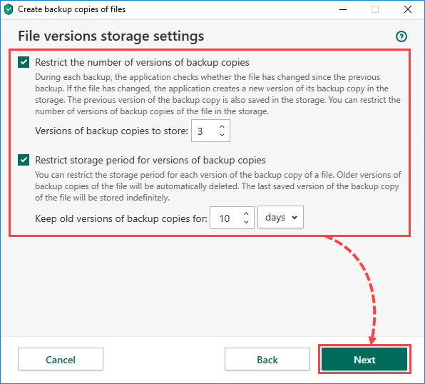 Configuring storage settings in Kaspersky Security Cloud 20