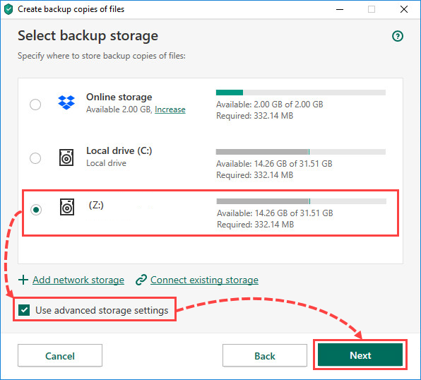 Selecting a network storage for creating file backups in Kaspersky Security Cloud 20