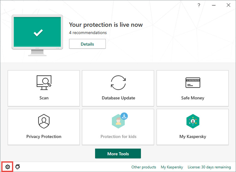 Opening the Settings window of Kaspersky Internet Security 20