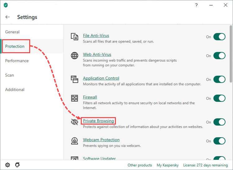 Settings window in Kaspersky Internet Security 20