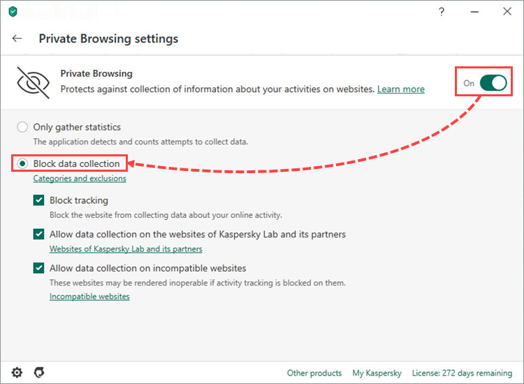 Private Browsing component in Kaspersky Internet Security 20