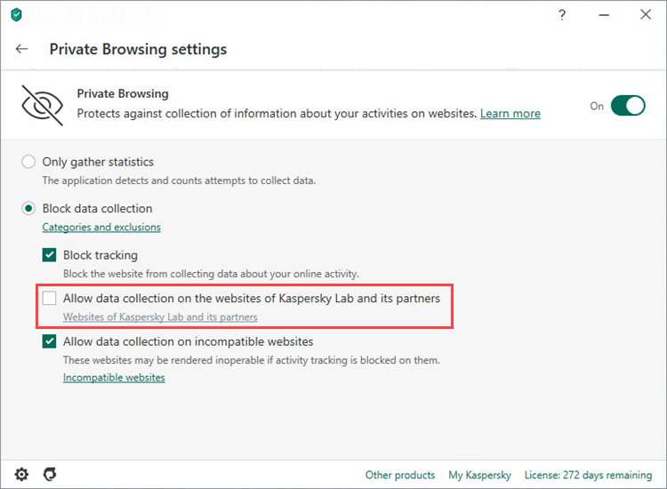 Blocking data collection on Kaspersky websites with Kaspersky Internet Security 20