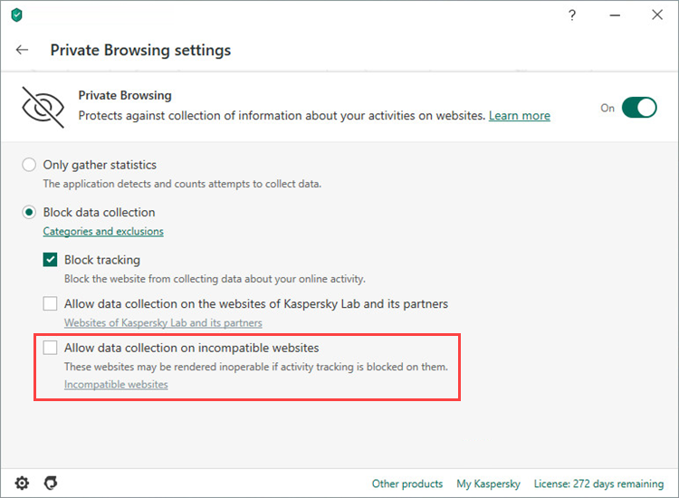 Blocking data collection on websites with Kaspersky Internet Security 20