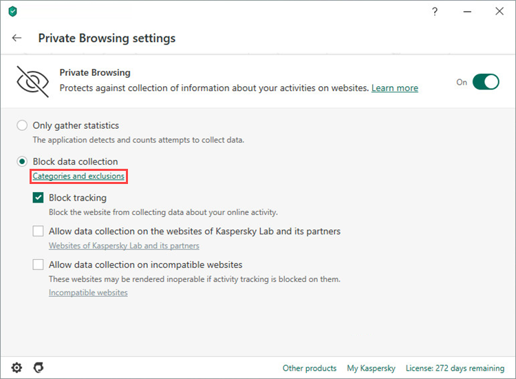 Opening the Categories and exclusions window in Kaspersky Internet Security 20
