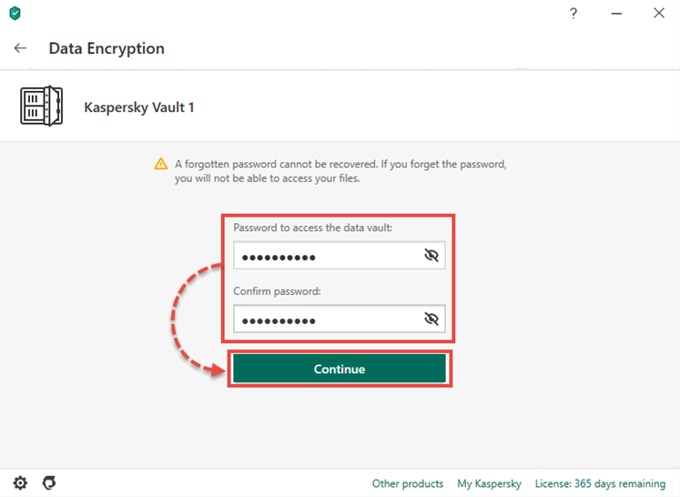 Creating a vault password in Kaspersky Total Security 20