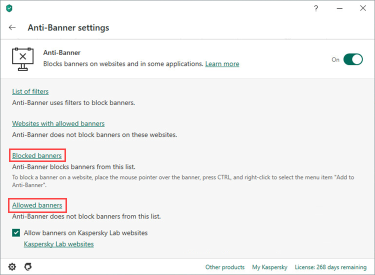Opening the settings for allowing and blocking banners in Kaspersky Total Security 20