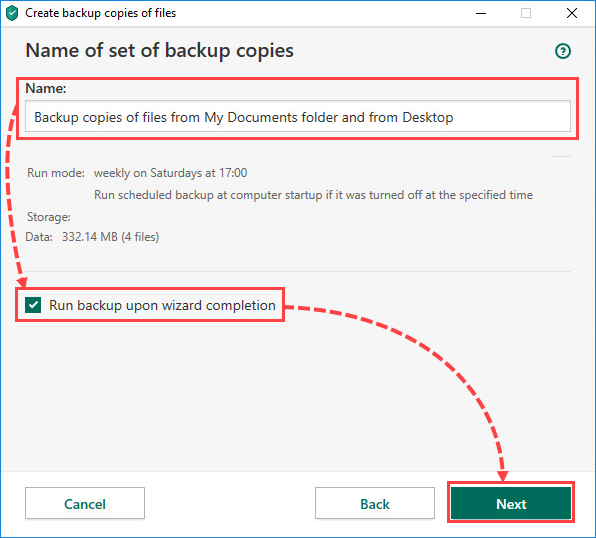 Running a backup in Kaspersky Total Security 20