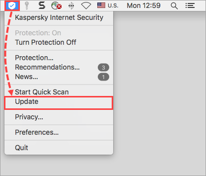 Going to the Kaspersky Internet Security for Mac database update via the shortcut menu