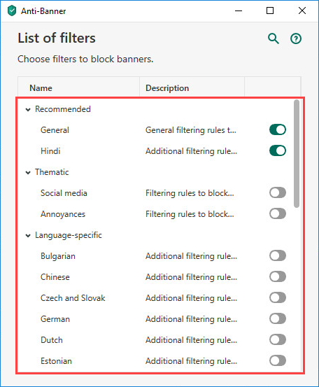 Filter settings in Kaspersky Security Cloud